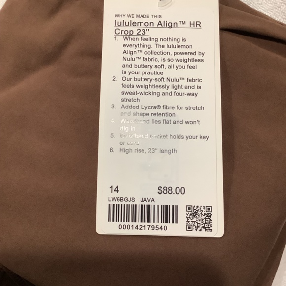 NWT- lululemon Align™ High-Rise Crop 23" JAVA size 14 - Picture 5 of 5